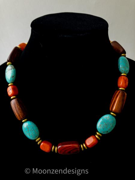 Oval Turquoise,Amber, Brass, Wood Beaded 20" Necklace