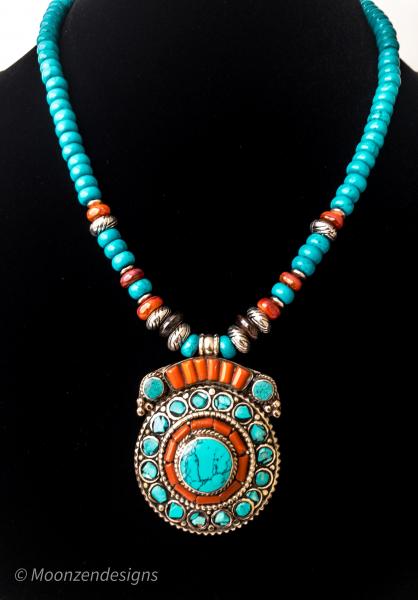 Coral Turquoise Tibetan Silver Pendant/Turquoise Rondelle Beads Antique Silver Spacers Necklace