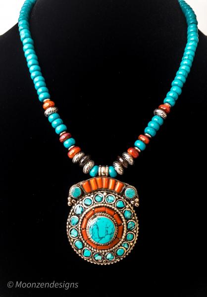 Coral Turquoise Tibetan Silver Pendant/Turquoise Rondelle Beads Antique Silver Spacers Necklace picture