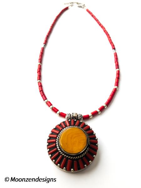 Handcrafted Necklace with Yellow Agate and Coral Tibetan Pendant picture