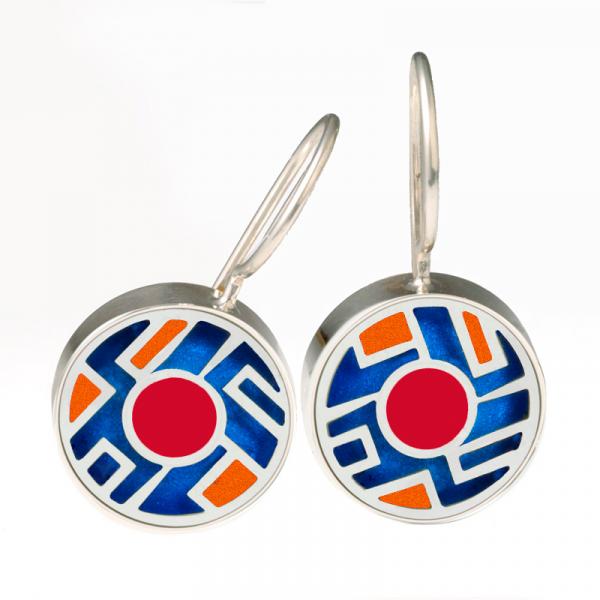Round French Wire Earrings in Blue, Orange and Red