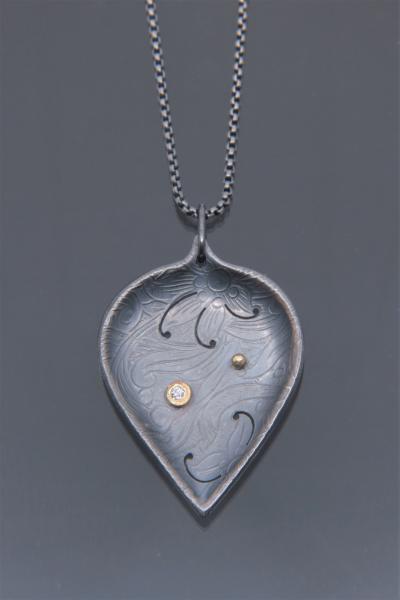 Large Oxidized Silver Leaf Pendant with Diamond