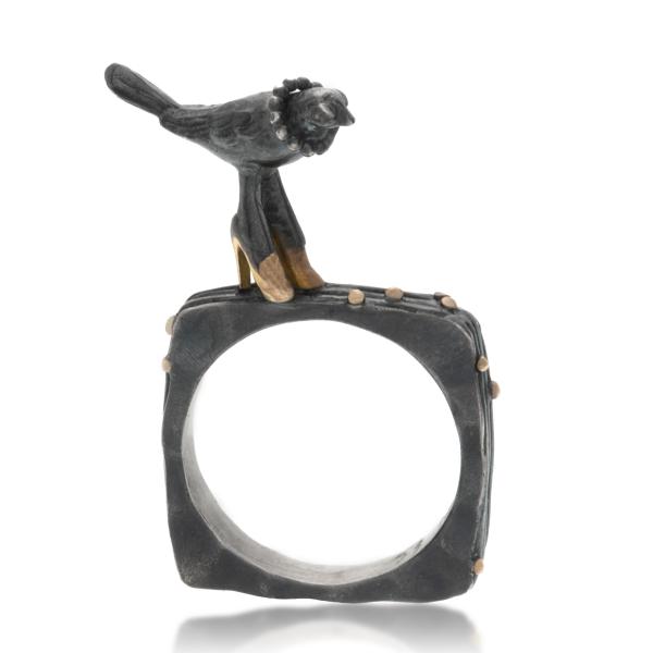 Oxidized Sterling Silver Square Band with Bird