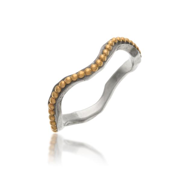 Sterling Silver and 14kt Gold Beaded Wavy Round Band