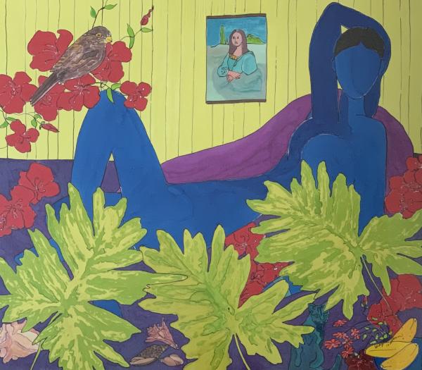 Self-Portrait in Blue with Red Flowers