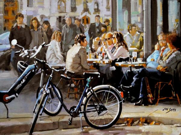 Café With Bicycles - 18x24 Original Oil