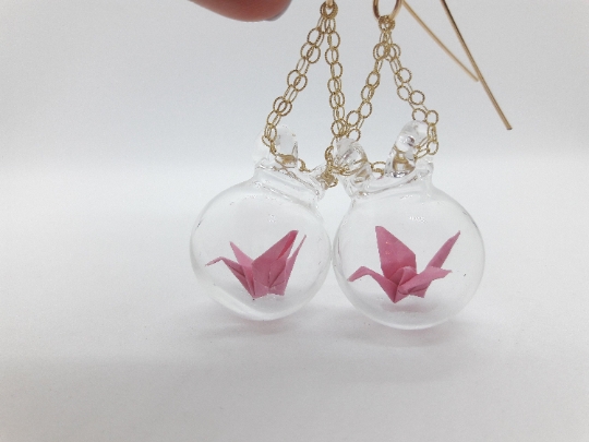 Paper crane glass earrings