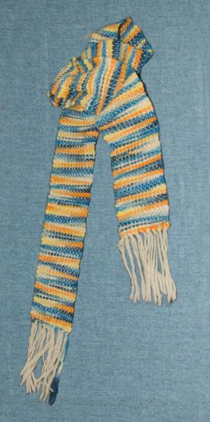 Women's Striped Handwoven Scarf in Blue, Tangerine, Yellow and Off White