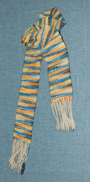 Women's Striped Handwoven Scarf in Blue, Tangerine, Yellow and Off White picture