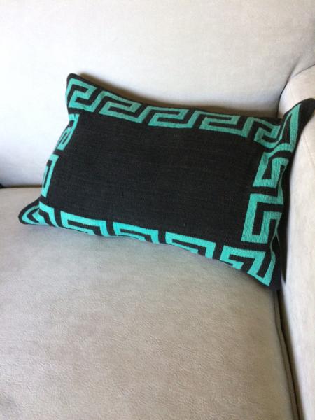Handwoven Throw Pillow, Organic Cotton, Turquoise and Black, Greek Key Design picture