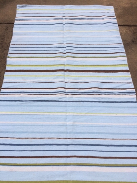 Striped Cotton Rug in Blue, Brown and Off White, Handwoven