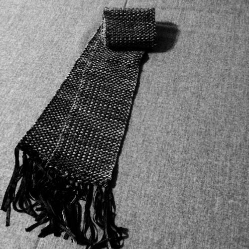 Handwoven Scarf, Womens, Merino Wool and Ribbon Yarn. Black and White picture