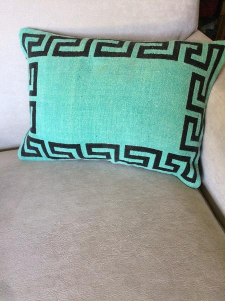 Handwoven Throw Pillow, Organic Cotton, Turquoise and Black, Greek Key Design picture