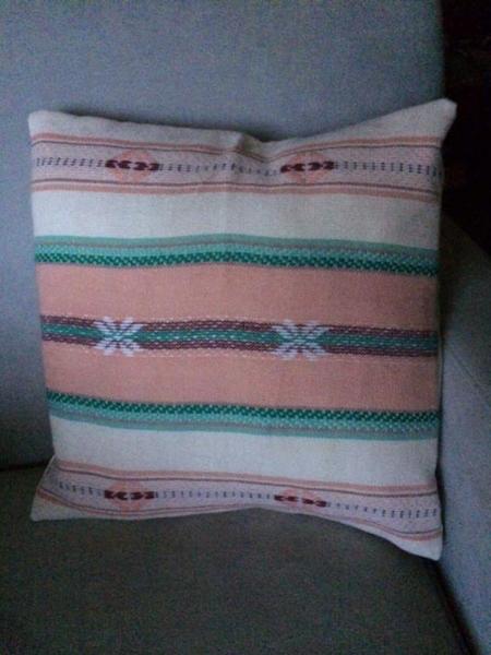 Handwoven Square Throw Pillow, Cotton, Southwestern Design, Pastel Pinks and Greens