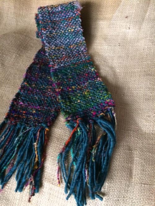 Handwoven Women's Scarf. Upcycled Sari Silk & Teal Blue Woo picture