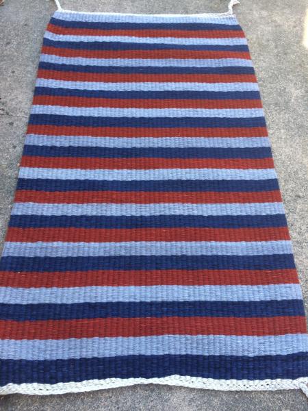 Handwoven Striped Rug, Natural Dyes, Blue, Red, and Gray