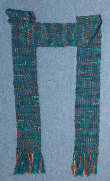 Women's Scarf, Handwoven, Turquoise & Rust Wool and Silk