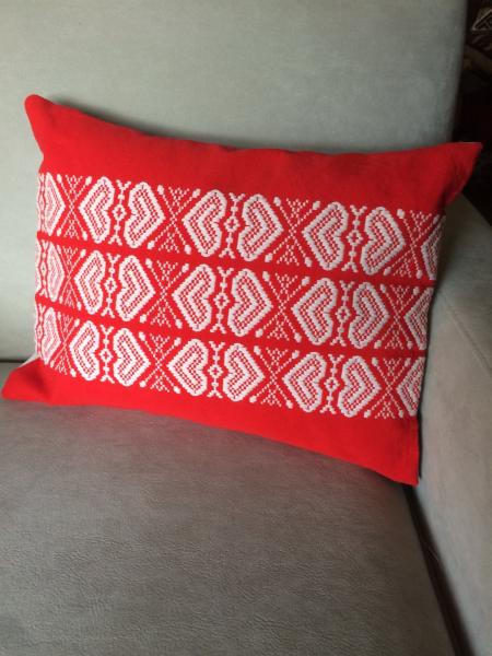 Red And White Hearts Throw Pillow, Upcycled Cotton