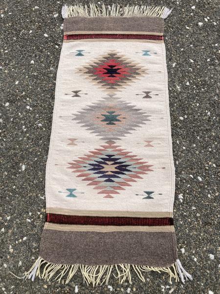 Handwoven wool rug or wall hanging. Hand dyed using natural dyes. Colors are black, burgundy, dusty pink and a touch of gray.  It is a double weave so picture