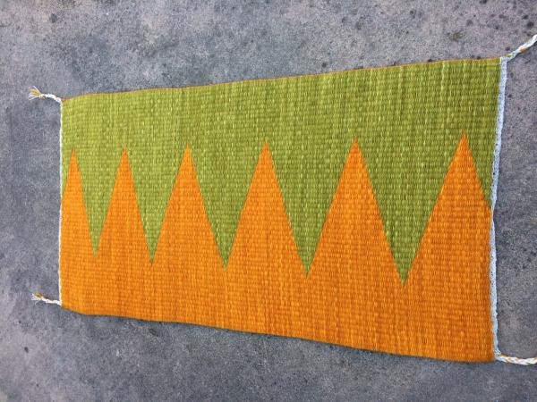 Handwoven Rug, 100% Hand Dyed Wool, Sea Green and Dark Orange Wedge Weave