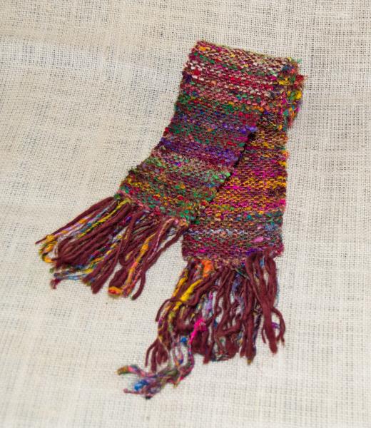 Handwoven Women's Scarf. Recycled Sari Silk & Burgundy Uruguayan Wool.