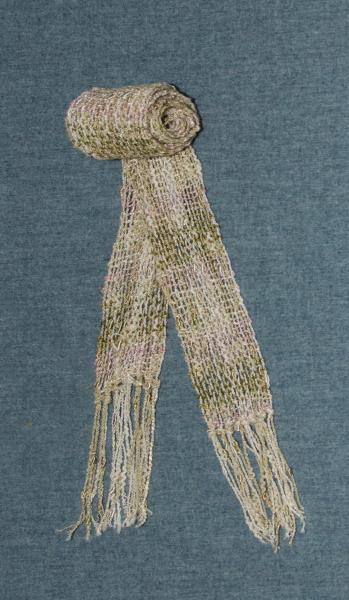 Handwoven Women's Rayon Scarf. Pink, Olive Green & Off White