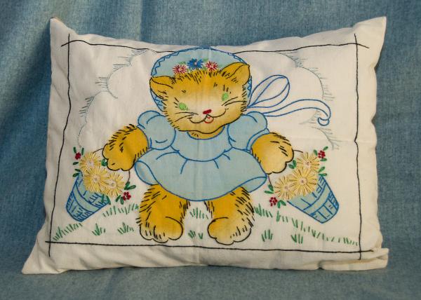 Hand Embroidered Cotton Kitten Throw Pillow