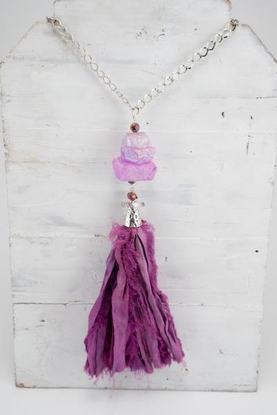 Pink Purple Agate chunk necklace with tassel