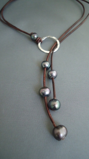 Leather and Black  Pearls Hammered Sterling Silver Lariat picture