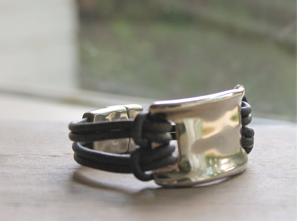 Modern Silver leather Cuff/ Hammered Silver Leather Bracelet/ Boho Style picture