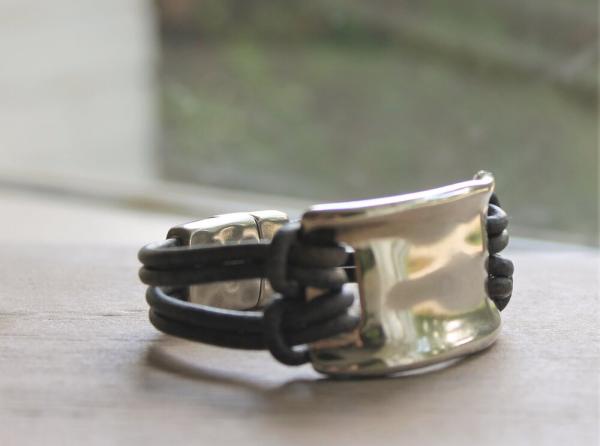 Modern Silver leather Cuff/ Hammered Silver Leather Bracelet/ Boho Style picture