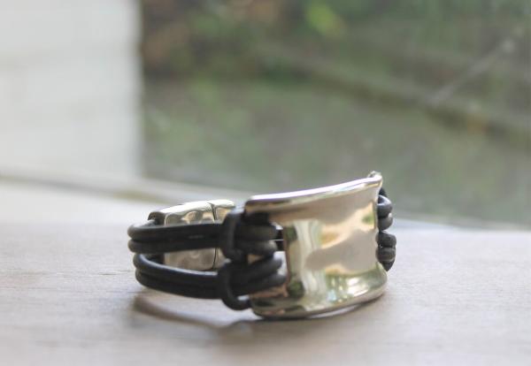 Modern Silver leather Cuff/ Hammered Silver Leather Bracelet/ Boho Style picture