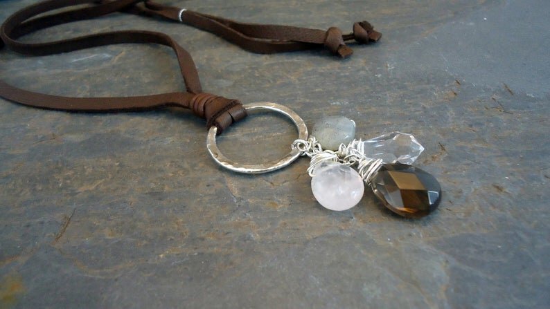 Sterling Silver/leather and semiprecious stones necklace