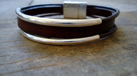 Leather bracelet,Solid  Sterling Silver Tubes bracelet / Leather Cuff picture