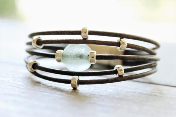 Aqua African Sea Glass Sterling Silver Leather Bracelet