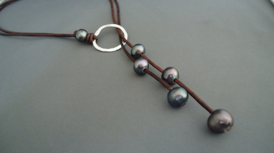 Leather and Black  Pearls Hammered Sterling Silver Lariat