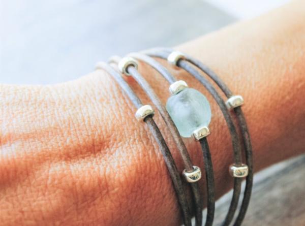 Aqua African Sea Glass Sterling Silver Leather Bracelet picture