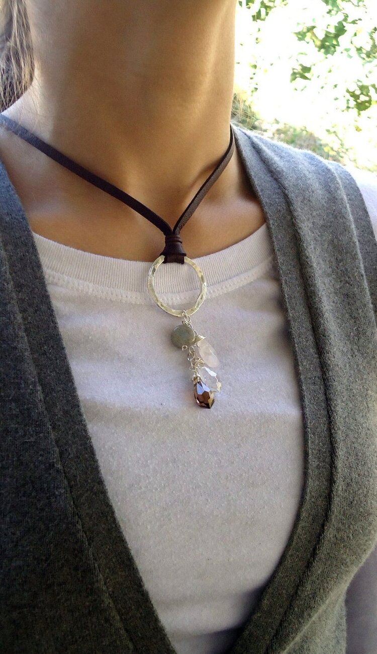 Sterling Silver/leather and semiprecious stones necklace picture