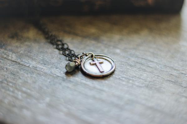 Sterling silver stamped cross on pearl picture