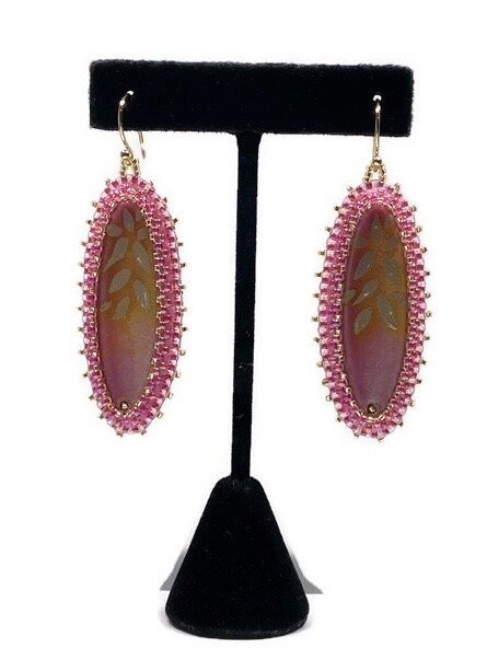 Bead embroidered oval earrings