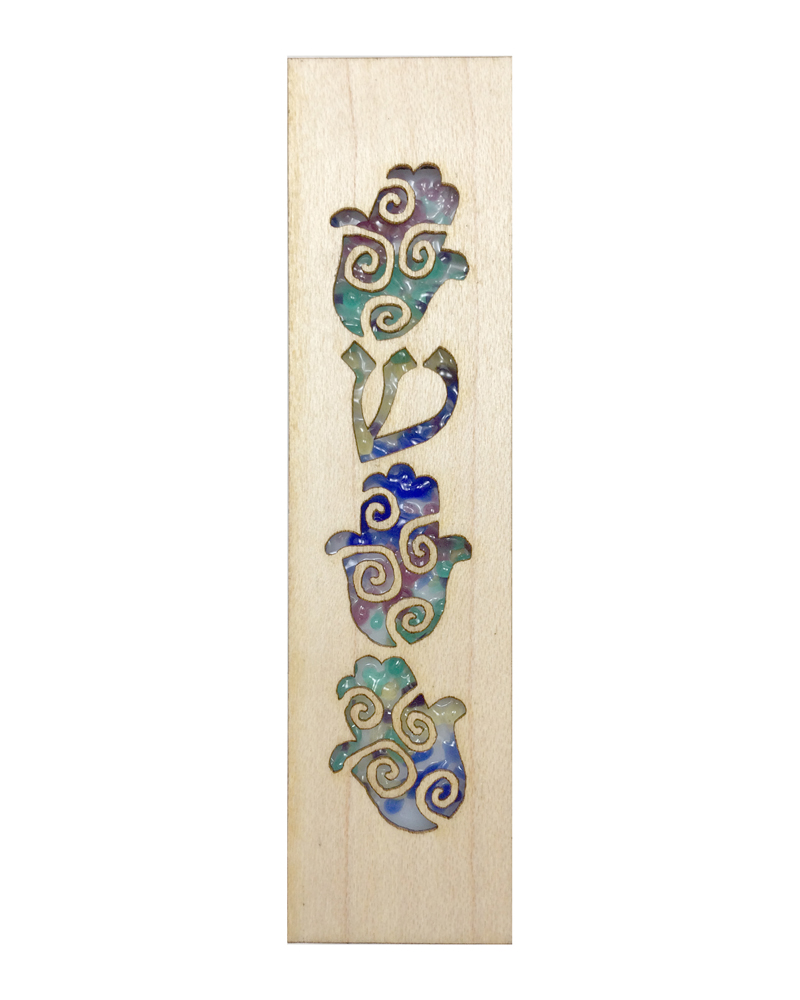 Hamsa Fused Glass & Wood Mezuzah picture