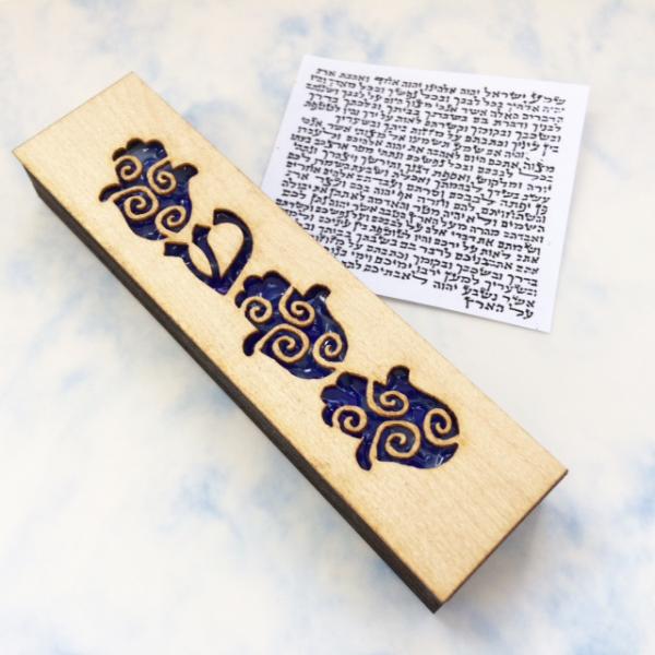 Hamsa Fused Glass & Wood Mezuzah picture