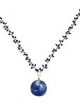 Stone Blue Fused Glass Cabochon Dangle Necklace with Lapis & Sterling Silver Chain