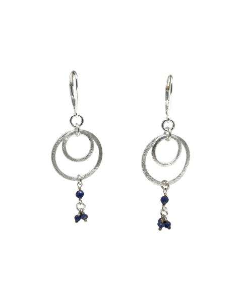 Double Shiny Silver Circles with Lapis Earrings