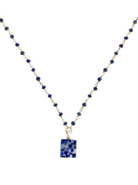 Tiny "Stone" Blue Fused Glass Pendant with Lapis Gem Stone Chain