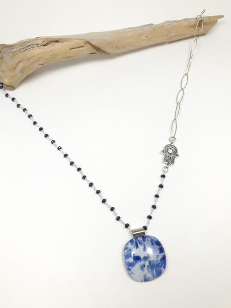 "Stone Blue" Cabochon & Hamsa Necklace picture
