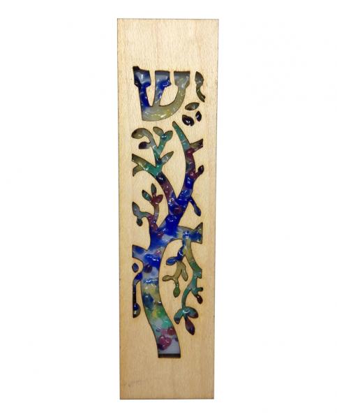 Tree of Life Fused Glass & Wood Mezuzah picture