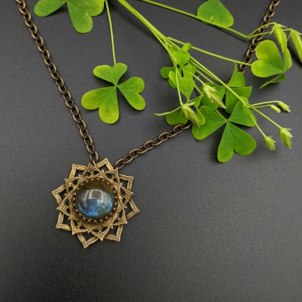 spinning flower mandala necklace with labradorite