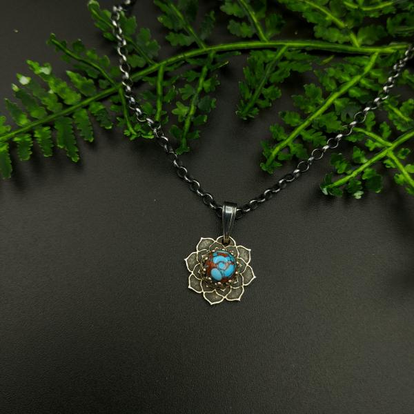 simple sterling silver flower mandala necklace with turquoise