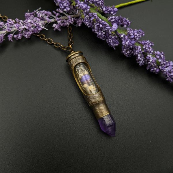 one of a kind etched bullet necklace with dried flowers